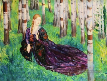  belle - dans la forêt de bouleaux Boris Mikhailovich Kustodiev belle dame femme